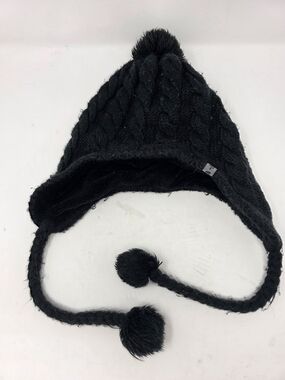 ​The North Face Black Cable Knit Fleece Lined Earflap Beanie Hat Pom Poms